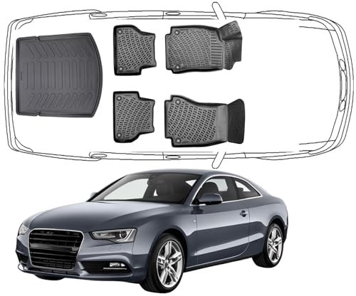 Trimak Passgenau 3D Fussmatten & Kofferraumwanne Auto Set Kompatibel mit Audi A5 8T 2007-2016 Auto Zubehör Gummimatten & Kofferraummatte Autos TPE Allwetter Geruchlos rutschfest Schwarz