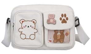 PORRASSO Mädchen Umhängetasche Niedlicher Kleiner Bär Schultertasche Canvas Schulrachnzen Damen Messenger Tasche Crossbody Bag für Reisen Täglichen Gebrau Weiß