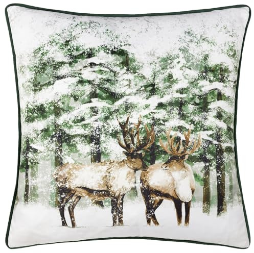 furn. Winter Reindeer Polyester Filled Cushion (Green - 43x43cm) | Christmas Watercolour Reindeer Snowy Pine Forest Winter Scene Velvet Pillow