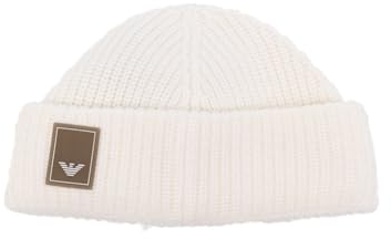 Emporio Armani Gerippte Strickmütze mit Umschlagboden. 100% Schurwolle, Weiß, One size