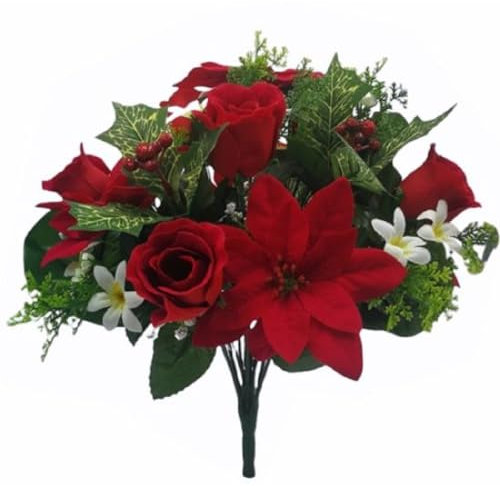 Florist Supplies Artificial Christmas Flowers Red Poinsettia Bunch Roses Rosebuds Small White Flowers Glitter Red Berries Holly Greenery Xmas Premium Flower Arrangement 28cm