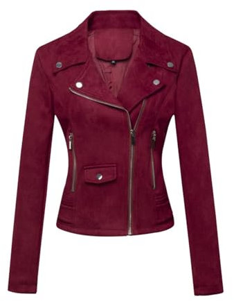 ANUFER Donna Ecopelle Scamosciata Giacca da Motociclista Bello Cerniera Incrociata Cappotto Corto SD5A1212 Borgogna XL