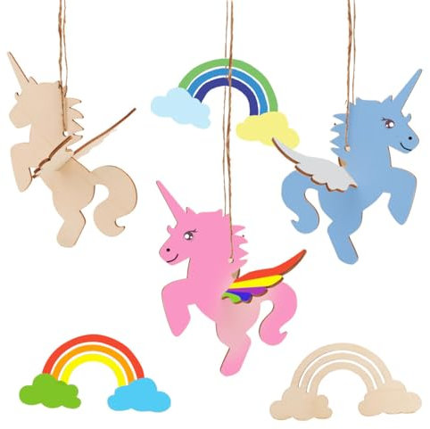 BHGT 6 Stücke Einhorn Bastelset Kinder Einhorn Holz Bemalen Kinder Regenbogen Schild Holz Ostern Deko zum Anhängen Geschenk für Mädchen Kindergeburtstag 3D DIY