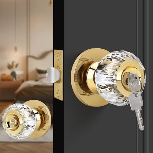 Gaurqiah Gold Crystal Door Knob with Privacy Lock and Keys, Diamond Crystal Design, ANSI/BHMA Class 3 Certified, Fits 30-50mm Thick Doors