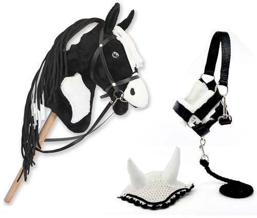 Hobby Horse Pie Schwarz für Hobby Horsing für Kinder und Jugendliche – Stabpferd mit Netz, Zügel + Zubehör Mütze und Halfter