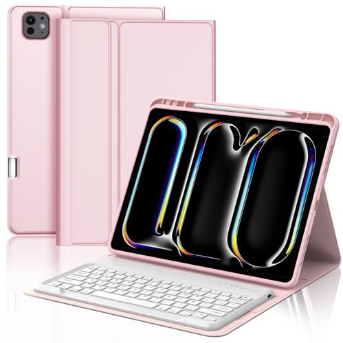 Coque Clavier iPad Pro 13 Pouces 2024, Bluetooth Détachable sans Fil Bluetooth AZERTY Étui Clavier pour avec Porte-Style iPad Pro 13 2024, Rose