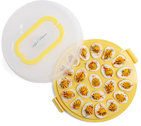 Crafted Containers Deviled Egg Carrier with Lid & Handles, 22-Count Portable Tray, Dishwasher-Safe – Yellow