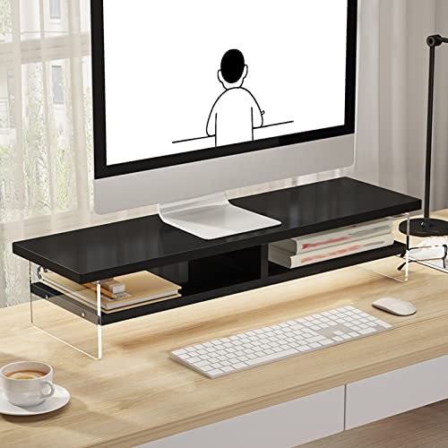 Soporte elevador de madera para monitor con soporte acrílico transparente para computadora, soporte multimedia para escritorio, estante de TV, color negro, 60 cm