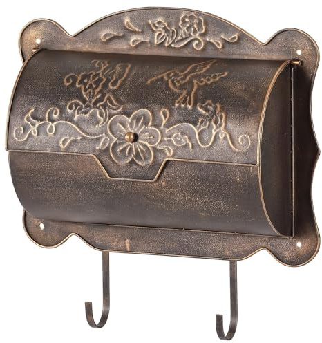 Wall Mount Mailbox with Newspaper Holder, Metal Wall Mailboxes for Outside, Vintage Decorative Front Porch Mail Box Wall Mounted, Horizontal Outdoor Mailbox with Hummingbird Accent, 17 x 5 x 17