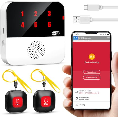 Notrufknopf Für Senioren, Mobiler Alarm Notruf Knopf, unk Funktioniert Pflegeruf Set Für Ältere Menschen mit 2 Sender Und 1 Empfänger, Kompatibel mit Tuya Smart/Smart Life/Alexa (Unterstützt Wi-Fi 2.4