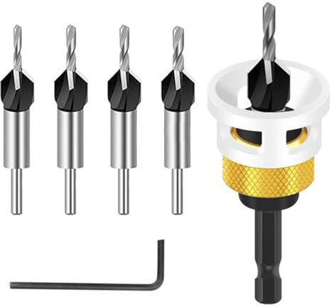 Bohrsenker mit Tiefenanschlag - 6 tlg Kegelsenker Bohrer Set, Bohrer mit Senker,Senker Holzbohrer mit 1/4 Hex Schaft, präzise Bohrungen, für Holzverarbeitung