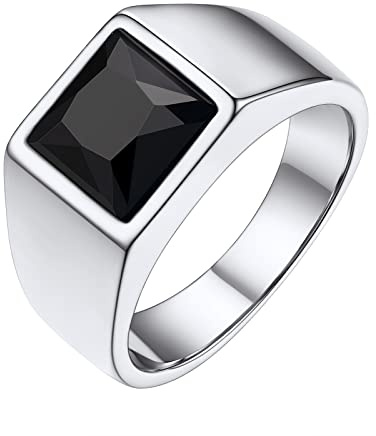FindChic Edelstahl schwarz/blau Edelstein Siegel Ringe für Männer Herren Bandring 8MM 15MM Square Cut Zirkonia Fingerring personalisierte Geburtsstein Ring Größe 54-72 + Geschenk-Box