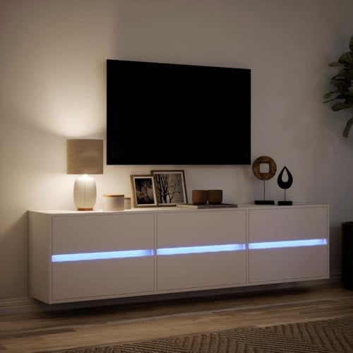 IKAYAA Mueble TV Suspendido con iluminación LED 180x31x45 cm Mesa TV Flotante Mueble TV Colgante Mueble de Salón Suspendido con Compartimiento con 6 Cajones Blanco
