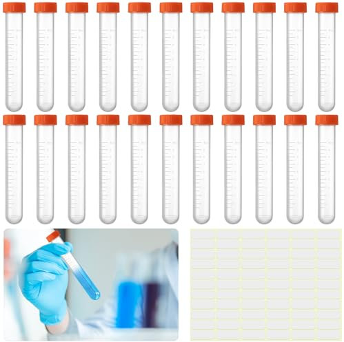 22 Stück Probenröhrchen 10ML mit Orange Schraubdeckel, Kunststoff Zentrifugenröhrchen, Transparent Reagenzgläser Reaktionsgefäße, Reagenzglasprobe Probenbehälter mit Abgestufte für Labor Experimente