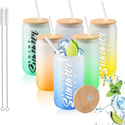 Malloom 6 Stück Sublimationsglas-Rohlinge, 16 Unzen Sublimations-Bierdosen-Gläser mit Deckeln und Strohhalmen, Farbige Gläser aus Borosilikatglas für Saft, Soda, Bier, Eiskaffee (6 Farben)