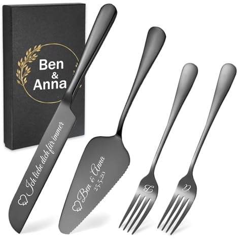 AAQ Tortenheber Hochzeit Personalisiert, Edelstahl Tortenheber Set mit Tortenmesser, Personalisierte Gravur Kuchenheber, Interessantes Geschenk für Brautpaar Freunde Partys Hochzeiten (Schwarz)