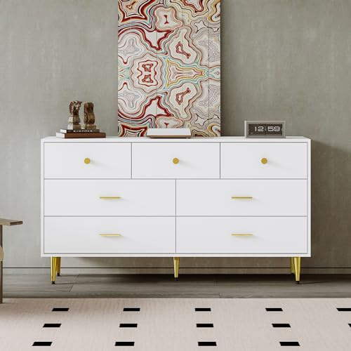 Lumivortex Kommode mit 7 Schubladen, Kommode Weiss 140x35x76 cm, Goldene Metallbeine, Schubladen mit Glatten Gleitschienen, Sideboard Weiß für Wohnzimmer, Schlafzimmer, Flur (Stil L)