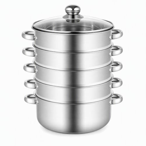 5-lagiger Edelstahl Dampfgarer mit Glasabdeckung, 26cm Ampfkocher Schongarer Induktion Dampfkochtopf Gemüse Kochgeschirr Knödel Dampfkocher Kochtopf für Küche Alle Herdarten Geeignet