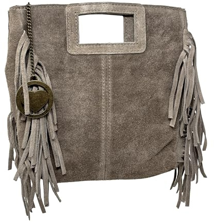 Chicca Borse Borsa a Mano da Donna in Pelle Scamosciata con Frange (Fango)