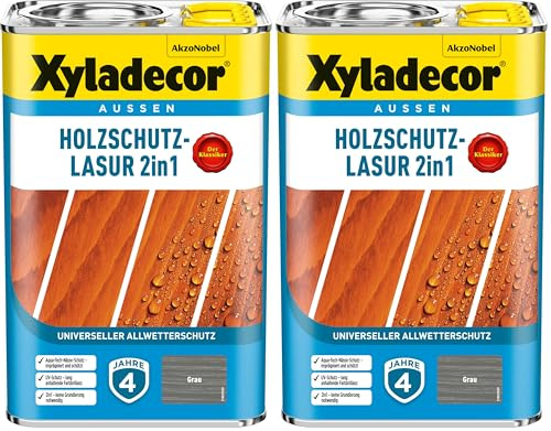 Xyladecor Holzschutz-Lasur 2in1, Universeller Allwetter-Schutz – Der Klassiker, Grau, 4 l (Packung mit 2)