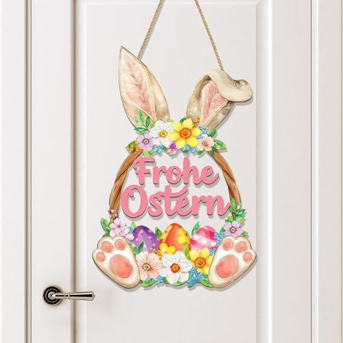 TECHEEL Türkranz Ostern,Ostertürkranz Osterkranz Tür Frohe Ostern Osterhase Türschild Osterkränze Holz Türdeko Osterhasen für Haustüren, Wände, Fenster