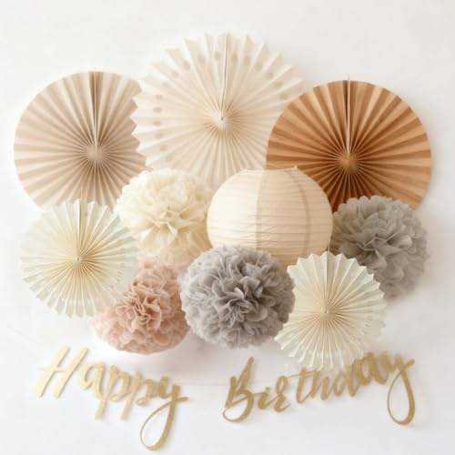 Easy Joy Beige Geburtstagsdeko Set Neutral Party Deko Herbstdeko | Wiederverwendbare Papier-Pompons, Goldpapier-Fächer und hängende Papierlaternen für Frauen, Mädchen, Geburtstag und Babyparty