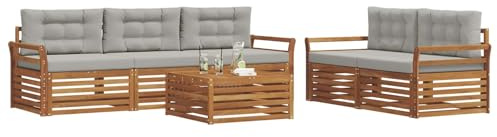 vidaXL Outdoor-Sofagarnitur mit Kissen 6 pcs Natürlich und Hellgrau, Garten, modernes Outdoor-Sofa, gemütliche Terrassen-Sitzgruppe aus robustem Material