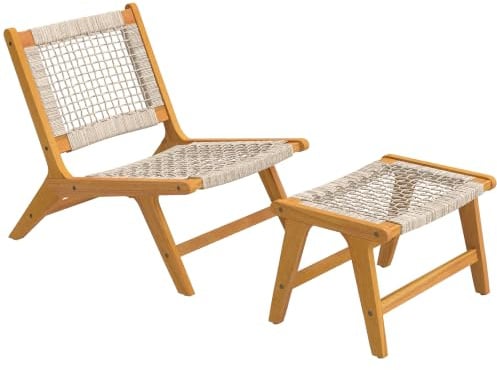Outsunny Gartensessel mit Hocker 2-Teilig Verstellbare Füße 160 kg Beige | Akazienholz, Outdoor Loungesessel mit Rattan-Sitz, Boho-Stil, Polyrattan Lounge Set, Gartensessel für Garten Balkon