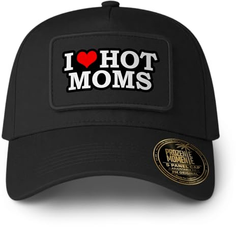 I Love Hot Moms - 5 Panel Baseball Cap mit abnehmbarem Klett-Patch und verstellbarem Snapback-Verschluss Unisex – Party Accessoire für Malle, Ballermann, Festival, JGA & Urlaub, lustige Caps