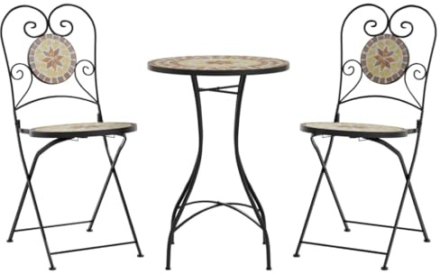 Kalmrek Mosaik-Bistro-Set Terrakottarot und Weiß aus pulverbeschichtetem Eisen und Keramik, Gartentisch 50x70 cm mit 2 klappbaren Gartenstühlen
