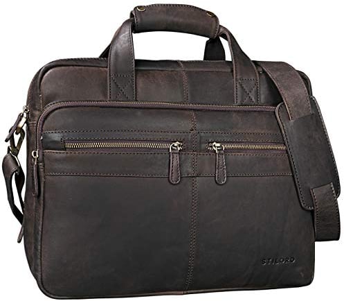 STILORD 'Explorer' Lehrertasche Leder Herren Damen Aktentasche Büro Schulter- oder Umhängetasche für Laptop mit Dreifachtrenner Echt Leder Vintage, Farbe:matt - dunkelbraun