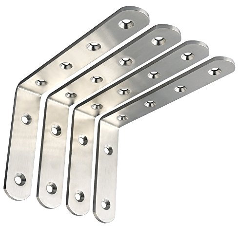 Sayayo 4MM Thick Shelf Bracket Heavy Duty, Wall Brackets for Shelves 90 Degree Angle Bracket for Wood 150mm*100mm, Stainless Steel Brushed Finished, 4 Pcs, EJ5217-4P