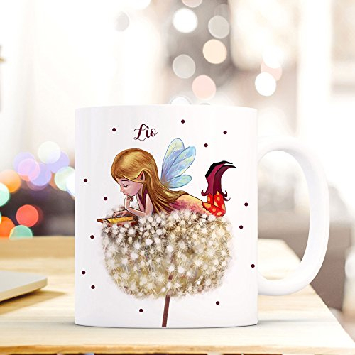 ilka parey wandtattoo-welt® Tasse Becher Kaffeetasse Kaffeebecher Elfe Fee auf Pusteblume mit Punkte und Name Wunschname ts490