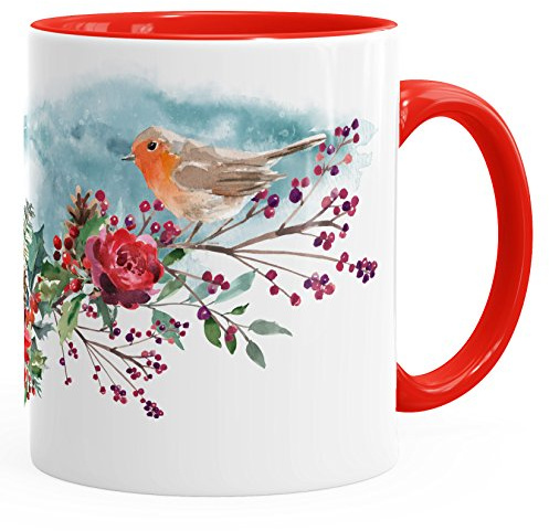 Autiga Kaffee-Tasse Vogel Rotkehlchen Blumen Misteln Watercolor Bird Weihnachten Christmas Rot unisize