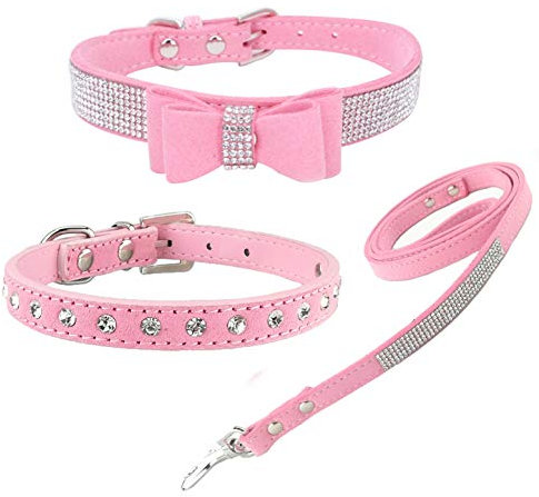 Newtensina 3 Stück stilvolle Hundehalsband und Leine Set süße weiche Wildleder Bling Hundehalsband mit Fliege Welpen Halsband und Leine für kleine Hunde Katzen - Pink - S