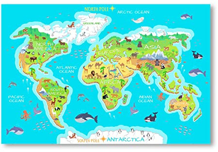 Postereck - 0863 - Weltkarte, Kinder Tiere Kontinente Lernen Schule - Unterricht Klassenzimmer Schule Wandposter Fotoposter Bilder Wandbild Wandbilder - Poster - 4:3-81,0 cm x 61,0 cm