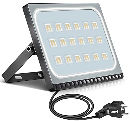 papasbox 100W LED Flutlicht Flutlichtstrahler Strahler Scheinwerfer, LED Fluter Baustrahler mit Stecker Wasserdicht IP65, 3000K Warmweiß, Ideale Wandleuchte Außenbeleuchtung für Garten, Garage, Hotel
