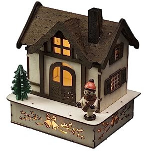 Konstsmide LED Holzsilhouette naturfarben, Fachwerkhaus mit Weihnachtsbaum und oranger Figur, 4 warm weiße Dioden, batteriebetrieben, Innen - 3230-100