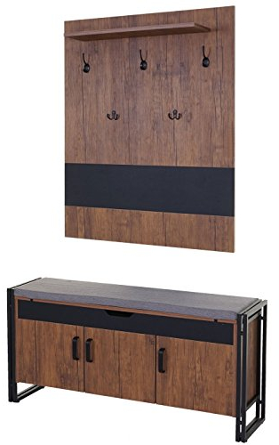 Mendler Garderobe mit Sitzbank HWC-A27, Garderobenpaneel Kommode, 53x110x30cm 3D-Struktur, MVG Wildeiche-Optik