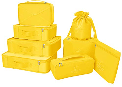 Koffer Organizer Reise Kleidertaschen 8 Sets/7 Farben Travel Gep?ck Organisatoren enthalten wasserdichte Schuh-Aufbewahrungsbeutel Bequeme Kompressions Beutel für Reisen ,Qelb