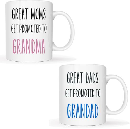 This Funny Grandparent Set of 2 Coffee Mugs Christmas Gifts, Great Moms/Dads Get Promoted to Grandma/Grandad Best Birthday Gifts for Grandparent Porcelain Cup White, 11 Oz