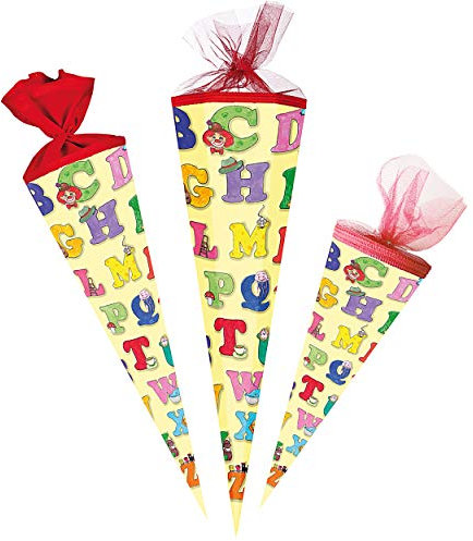 Schultüte - Alphabet/Buchstaben ABC - 22-50 cm - Größe wählbar - rund - Tüllabschluß - Zuckertüte - mit/ohne Kunststoff Spitze - Nestler - Jungen Mädche..