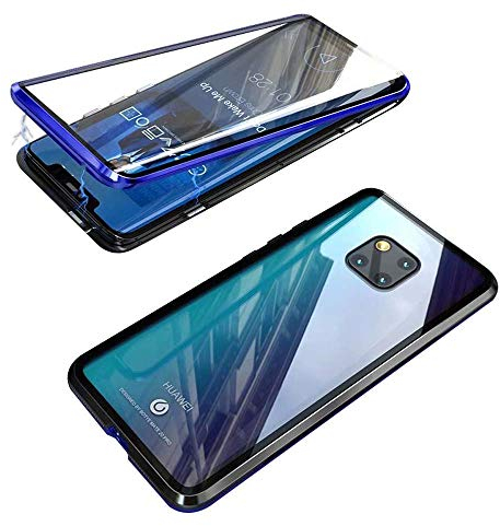 Coque pour Huawei Mate 20 Pro,Adsorption Magnétique étui Antichoc Cover Double côtés Transparent Verre Trempé Etui Housse Aluminium Métal Cadre 360 degrés Protection Case - Bleu