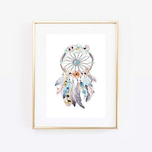 Din A4 Kunstdruck ungerahmt - Traumfänger Dreamcatcher Blumen Federn Pastell Aquarell Romantik Druck Poster Bild
