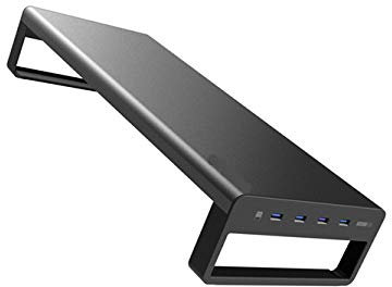 Aluminum Monitor Stand Riser with 4 USB3.0 Hub Charging Ports and Keyboard Mouse Storage Desk Organizer for Laptop Computer Notebook PC (1 splitter ，4-port USB)