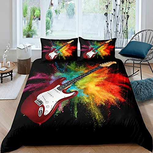 Guitar Duvet Cover Double For Kids Teens Adults,Rock Music Theme Bedding Set Hip Hop Electric Guitar Comforter Cover Rainbow Tie Dye Bedspread Cover With 2 Pillow Cases Black