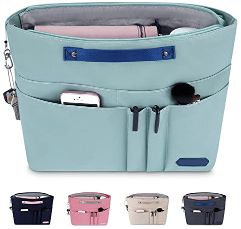 HyFanStr Bag Organizer for Handbags,Tote Bag Organizer Insert Zipper Bag for Women, Handbag Organizer Inside Liner with 15 Pockets, Green, M