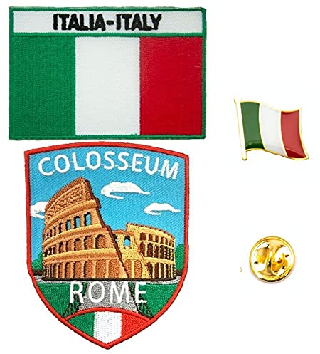A-ONE 3 Stück Rom Kolosseum Schild bestickt + Italien Flagge Patch und Anstecknadel, Kolosseo, Wahrzeichenflagge Applikation, Landesflagge Pin Nr. 227B