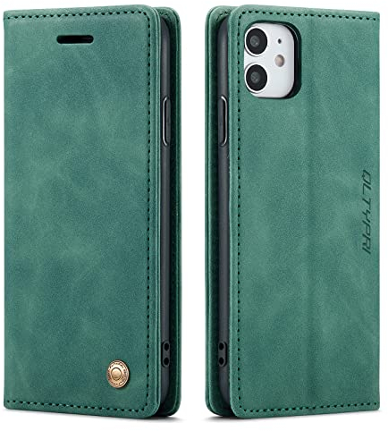 QLTYPRI Case for iPhone 11, Vintage PU Leather Wallet Case Card Slot Kickstand Magnetic Closure Shockproof Flip Folio Book Case Cover for iPhone 11 - Dark Green