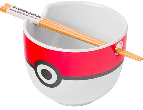 Silver Buffalo Pokemon Pokeball Ceramic Ramen Noodle Bowl with Chopsticks, Microwave Safe, 20 Ounces